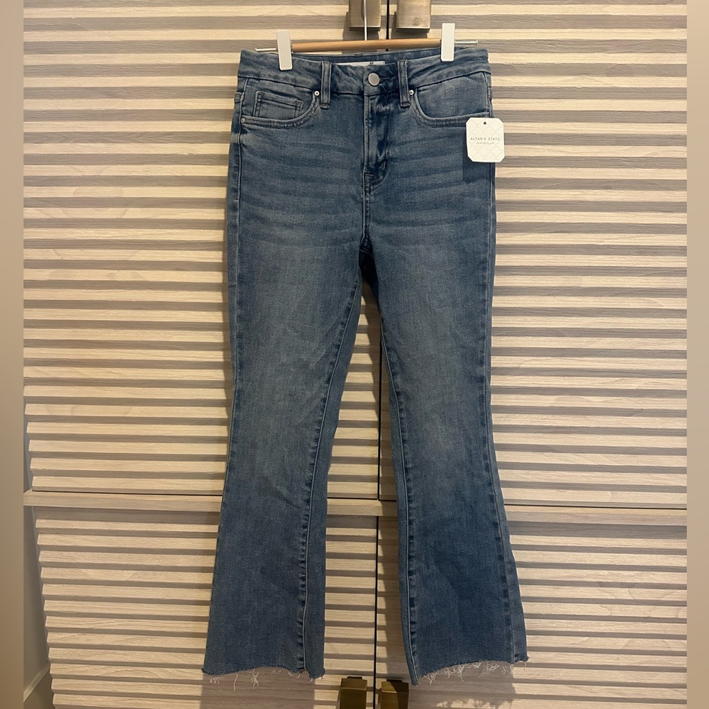 Altar'd State Raw Hem Crop Blue Flare Jeans